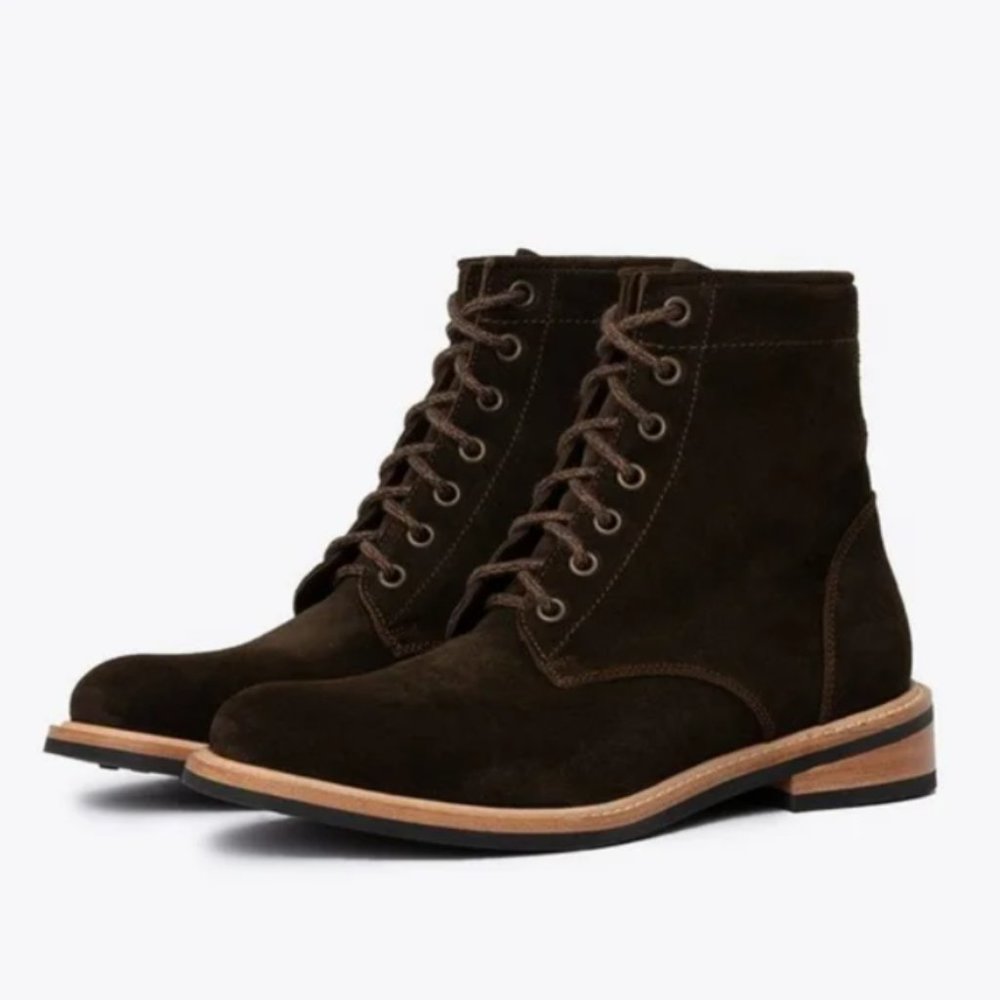 Nisolo Amalia All-Weather Boot - brown, waterproof suede, size 9